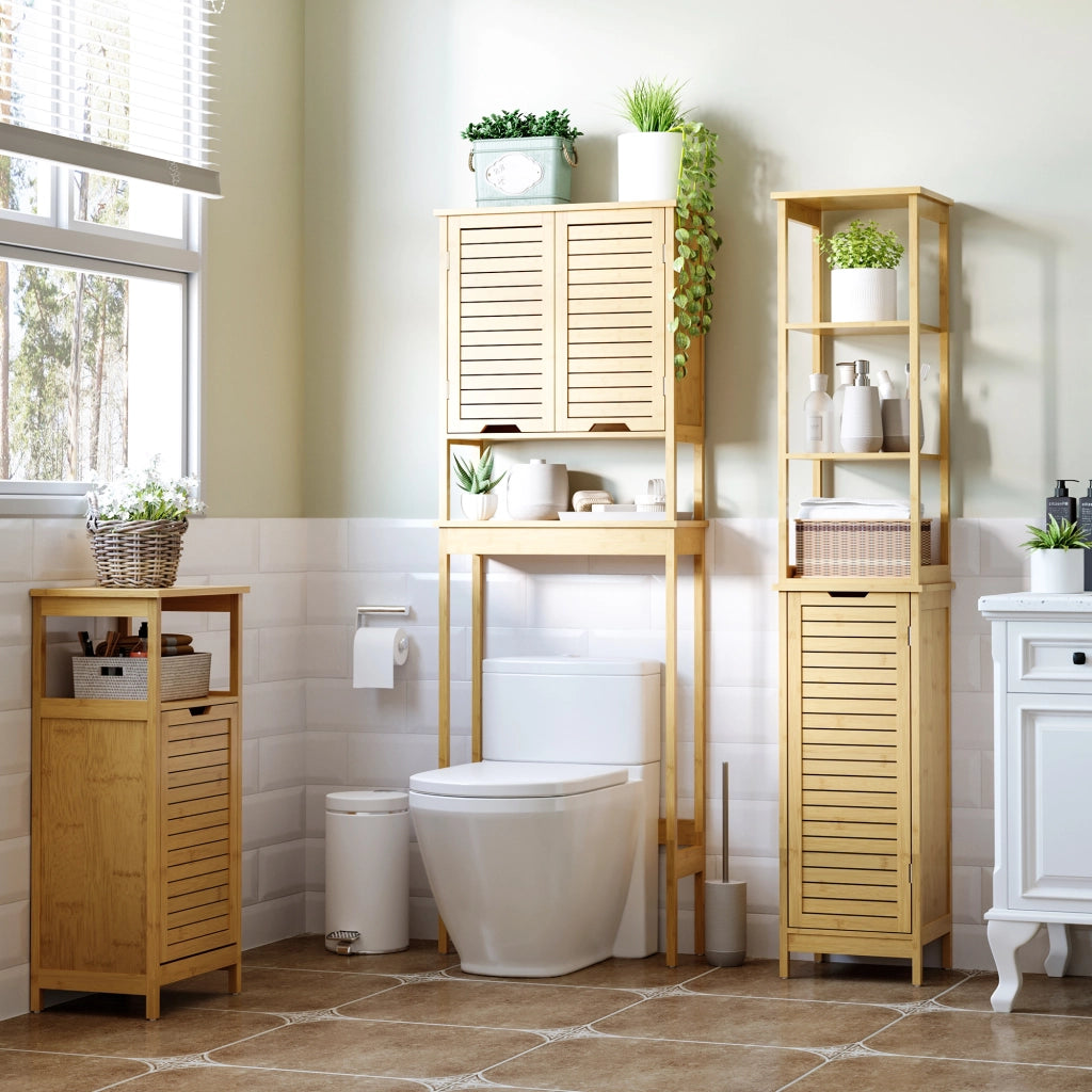 Mobile Bagno a Colonna in Bambù con 3 Ripiani e 1 Credenza Design a Doghe Salvaspazio 34x30x173cm