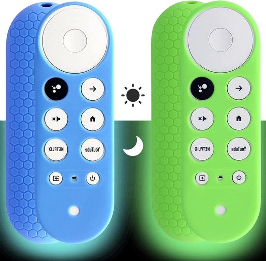 Pacchetto di 2 Coprimozzi per Telecomando (Luminosi) - Compatibile con il Telecomando Voice di Google TV - Coprimozzo Antiscivolo in Silicone (Verde e Blu)