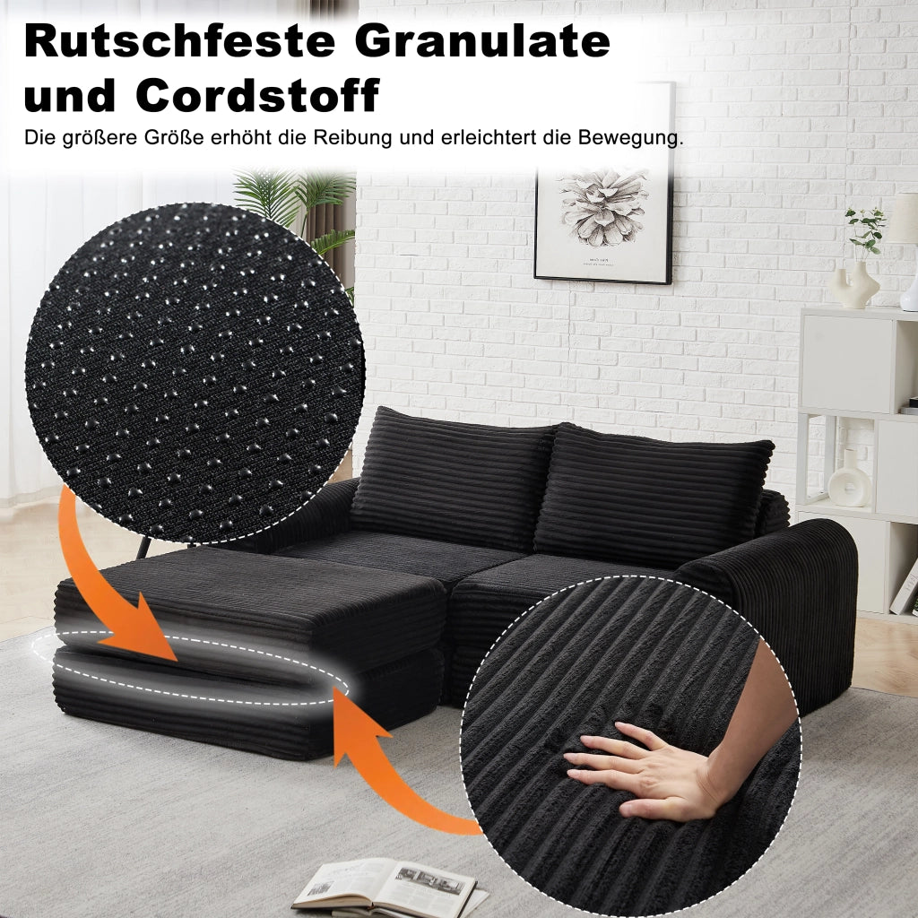 Divano letto modulare con pouf rimovibile e braccioli curvi, configurazione flessibile in velluto a coste nero