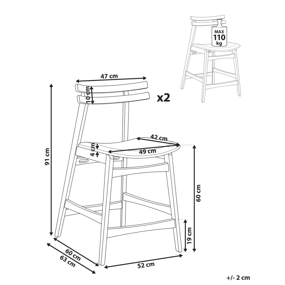 Set di 2 sedie da pranzo in tessuto bianco sporco e struttura in legno marrone senza braccioli con seduta
