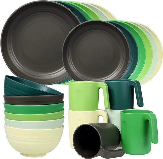 Servizio da campeggio in plastica resistente, 24 pezzi, leggero, set di piatti, piatti, tazze e tazze sicuri per microonde e lavastoviglie, per 6 persone