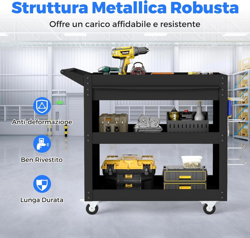 Carrello Portautensili a 3 Ripiani con Ruote, Carrello Attrezzi in Metallo con Cassetto Grande, 2 Pannelli Forati e 8 Ganci, Carrello di Servizio per Garage e Officina, Portata 250 kg