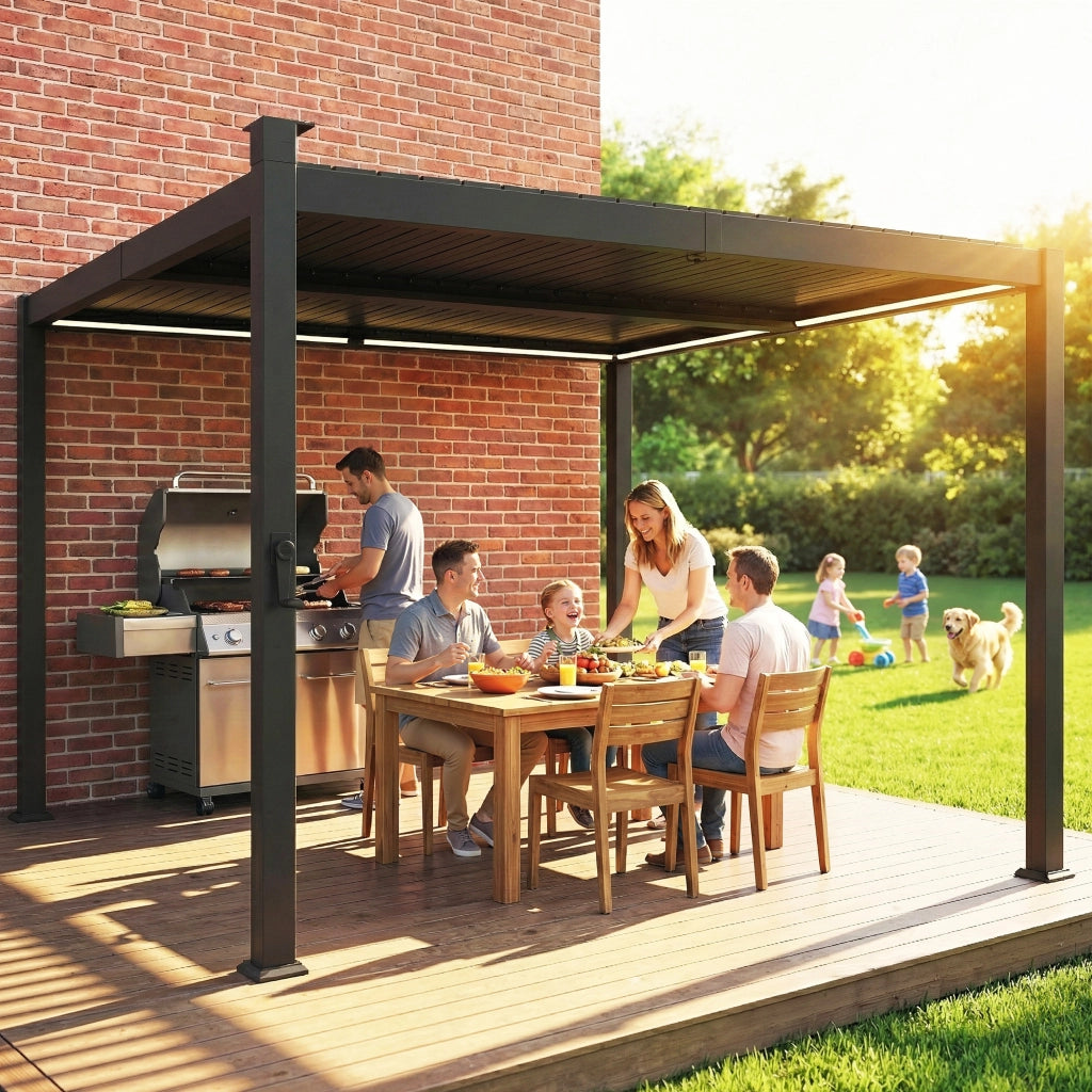 Pergola bioclimatica 3x3m con luci LED solari e grondaie ¨C zephmum ¨C nero