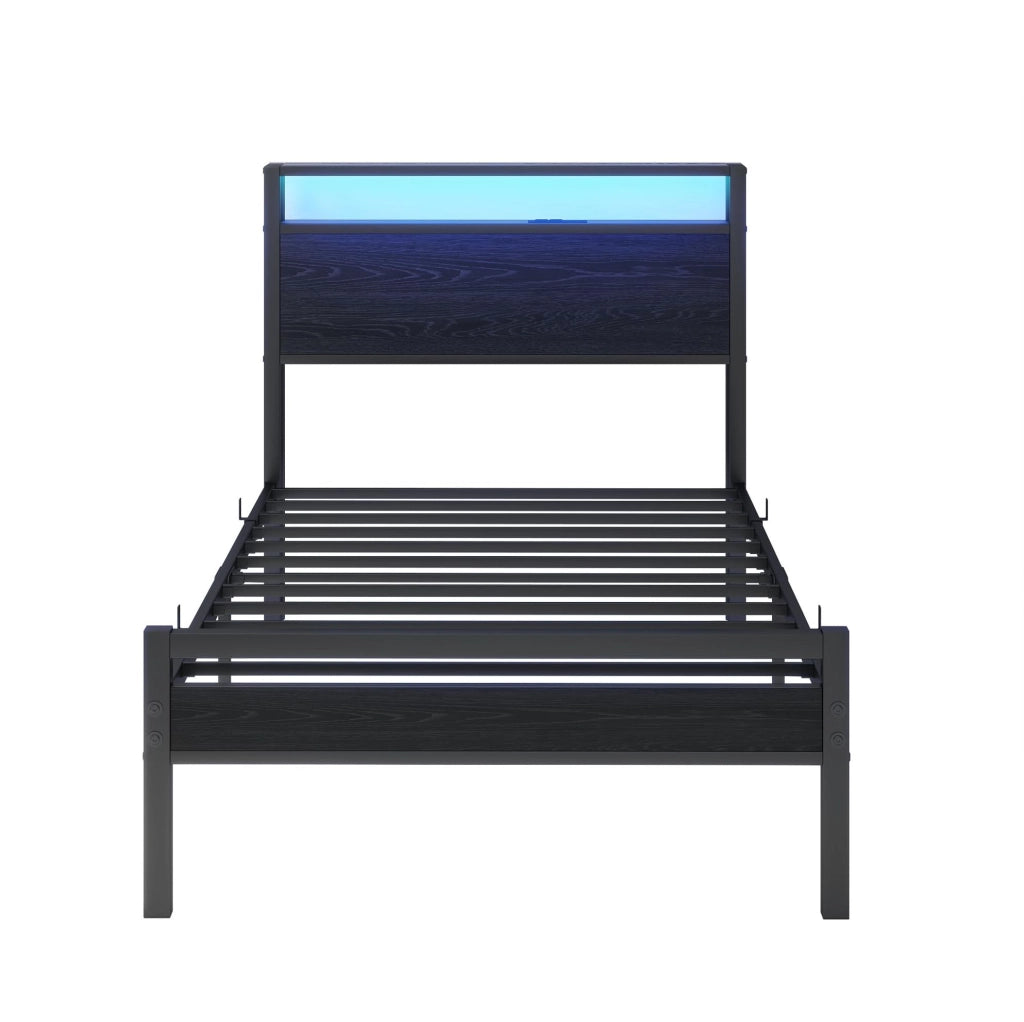 Letto singolo 90x200 in metallo con testiera contenitiva e porta USB