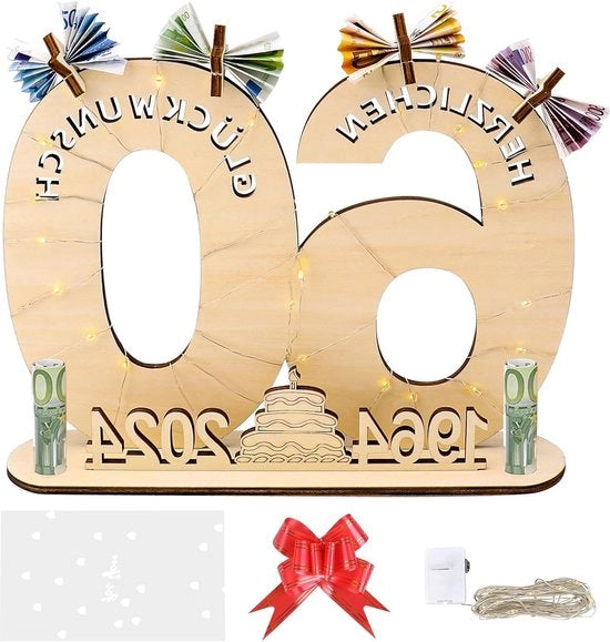 Regalo per 60° compleanno con sacchetto regalo e cordone di luce LED - regali per 60° compleanno donna uomo - decorazione - 1964-2024 tavolo di benvenuto in legno per 60° compleanno - articoli da festa