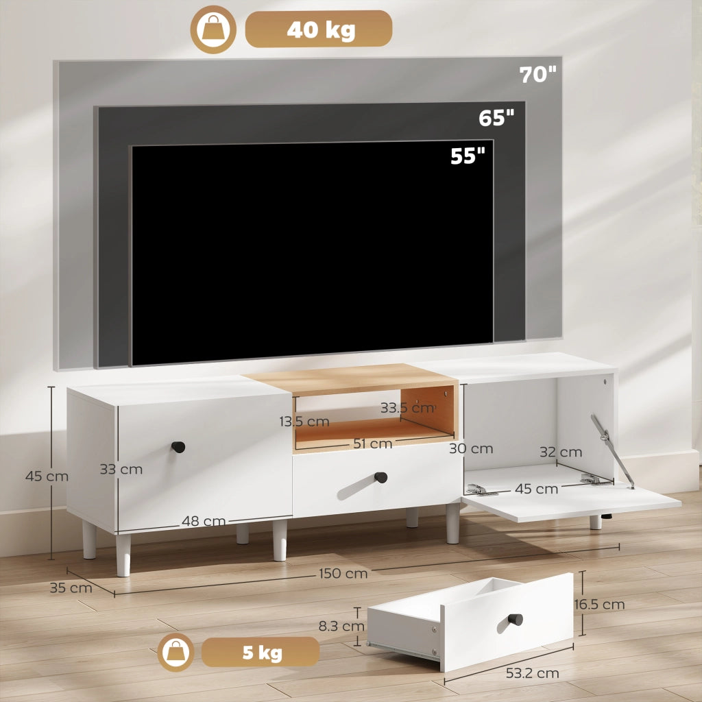 Mobile TV 70" Max con 2 Ante a Ribalta Cassetto e Scaffale Aperto 150x35x45 cm in Legno Bianco e color Legno