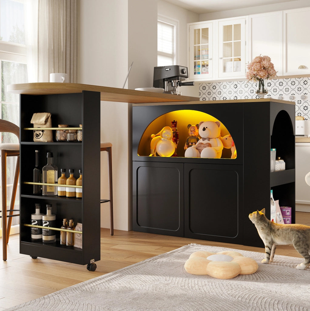 Tavolo bar mobile estensibile con LED e vano contenitore nero