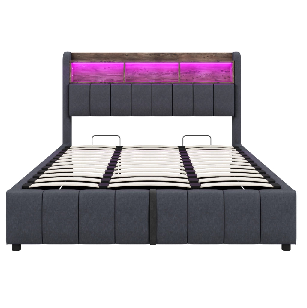 Letto imbottito 180x200 cm con LED; contenitore e USB in lino grigio