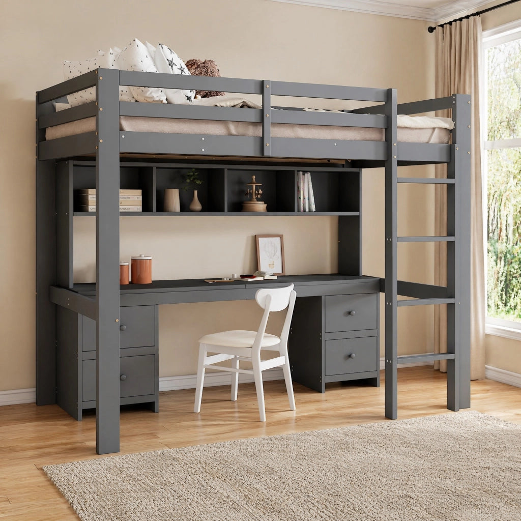 Letto a soppalco 90x200 cm con scrivania e cassetti grigio