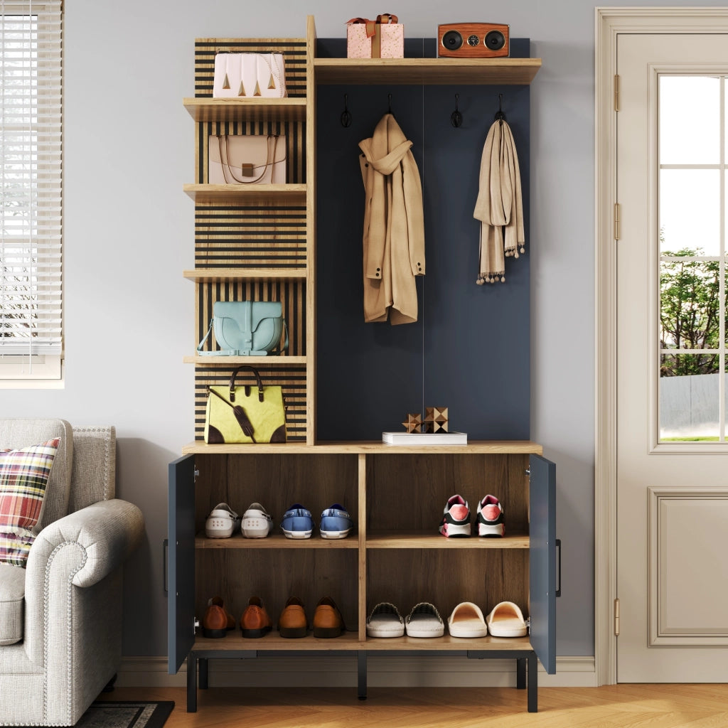 Mobile Ingresso con 4 Ripiani Laterali e Ganci; Ripiano Inferiore Regolabile; Stile Moderno; in Pannello; Naturale; 100??40??190;5 cm