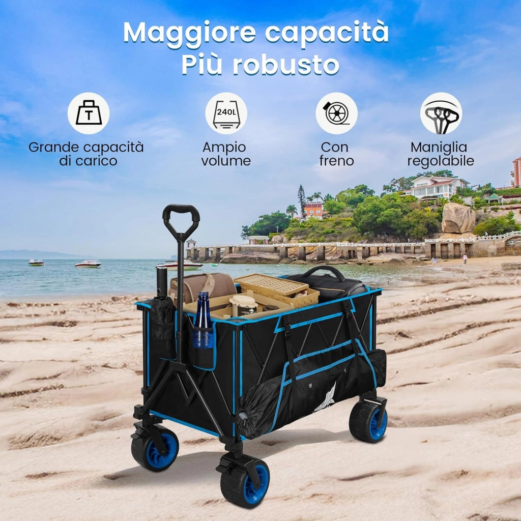 Carrello Pieghevole con Ruote da Spiaggia, Carrello da Giardino, Campeggio, Viaggio, Spesa, Borsa di Trasporto, Oxford+Acciaio, Nero+Blu