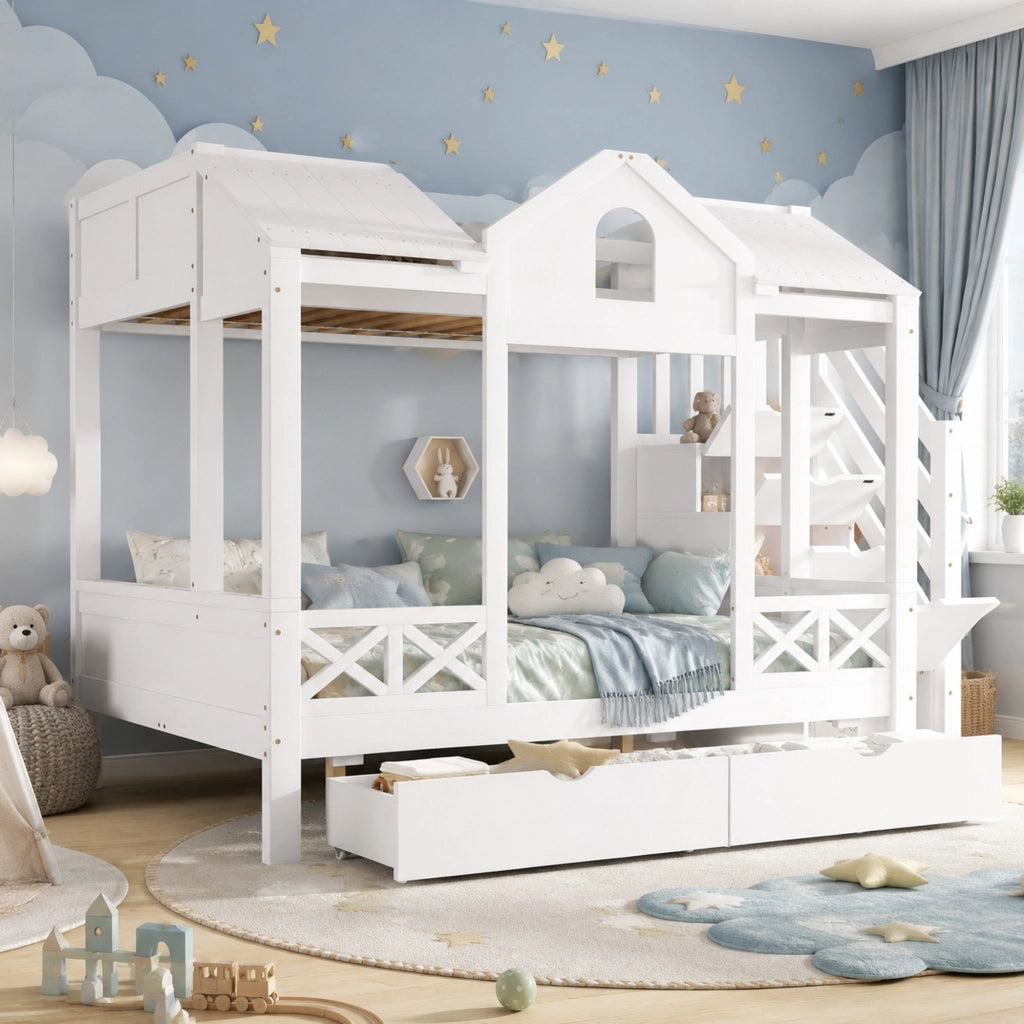 Letto a castello per bambini con 2 cassetti su ruote, scala con 4 vani, finestre e tetto, bianco, 90x200 cm e 140x200 cm
