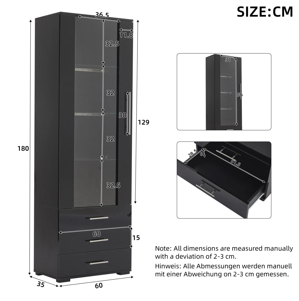 Vetrina 60x35x180 cm con LED e 3 cassetti in MDF nero