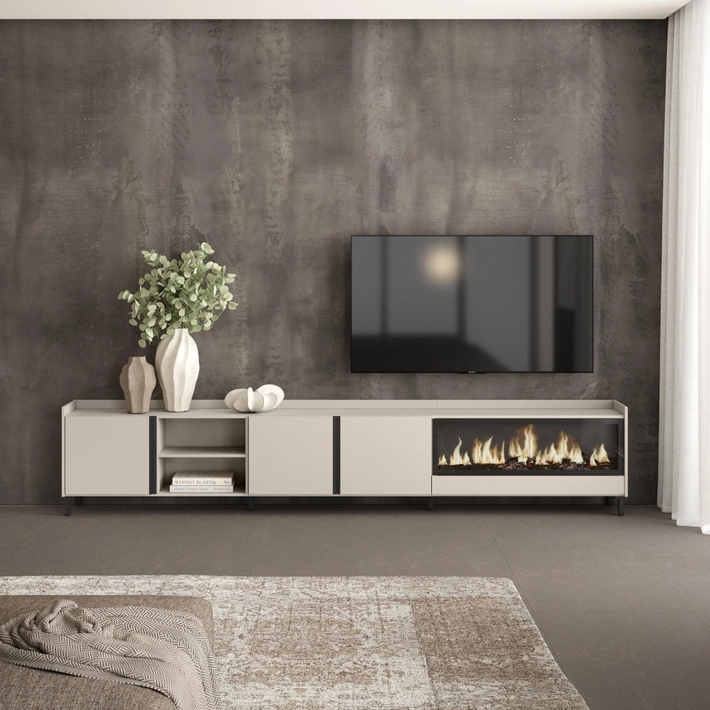 Mobile TV Soggiorno, 315x61x35 cm, Per TV fino a 80", Camino elettrico XXL, Design industriale, Beige