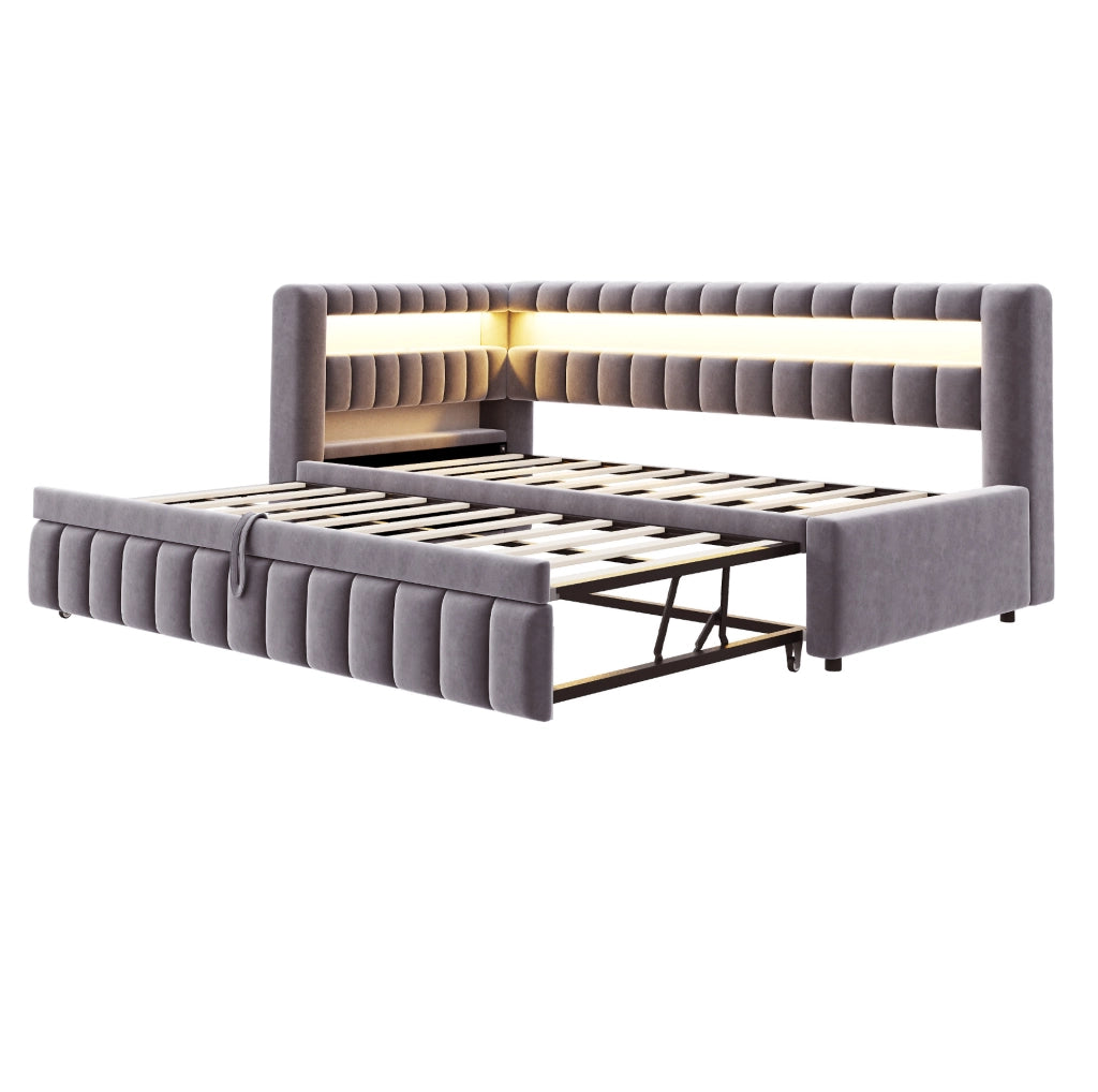 Sofabett 90x200 cm; letto estraibile con LED e ricarica; velluto grigio