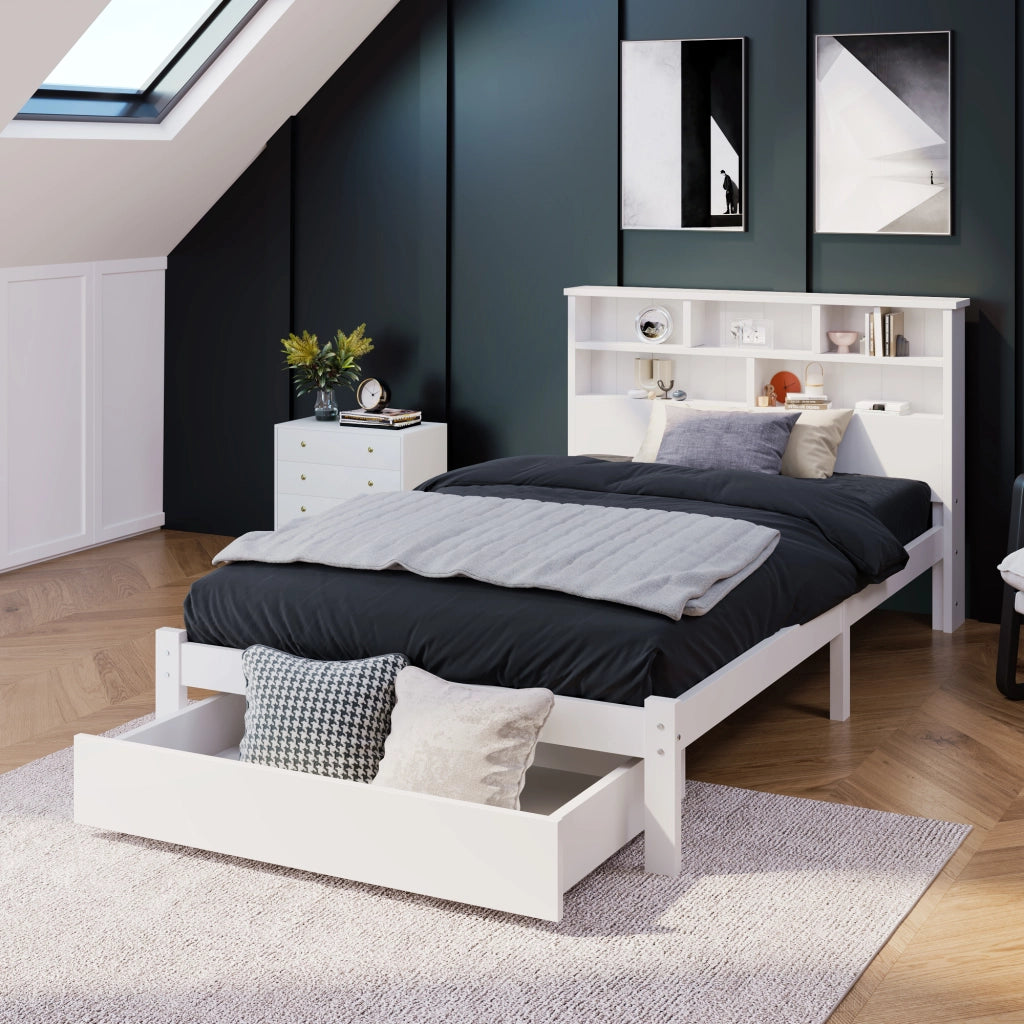 Letto con Cassetti 90x200 cm; Letto Singolo - Libreria e Cassetti - in Legno - Bianco