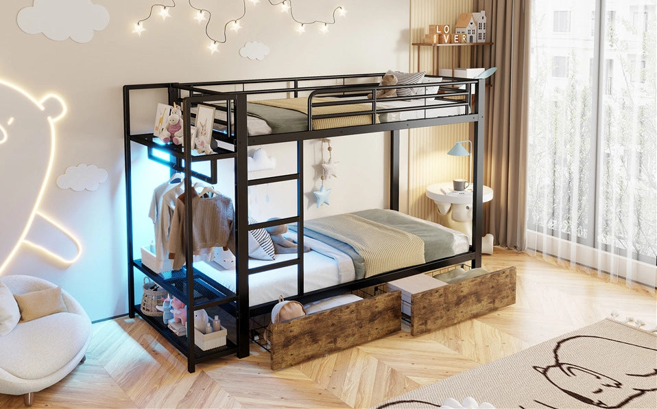 Letto a castello 90x200 cm con LED, cassetti e ripiani