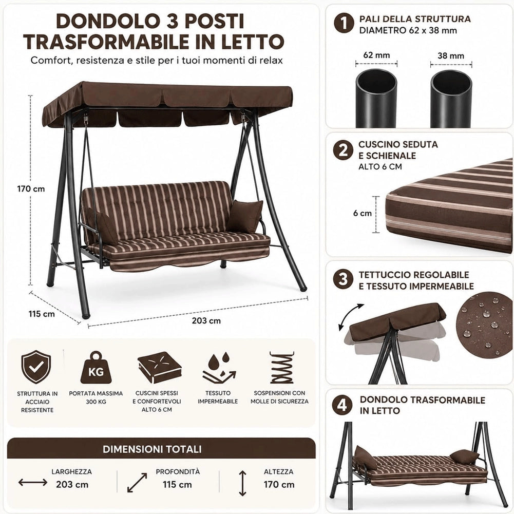 Dondolo Grande Giardino 3 Posti Reclinabile Letto Altalena Colore Moka Rigato