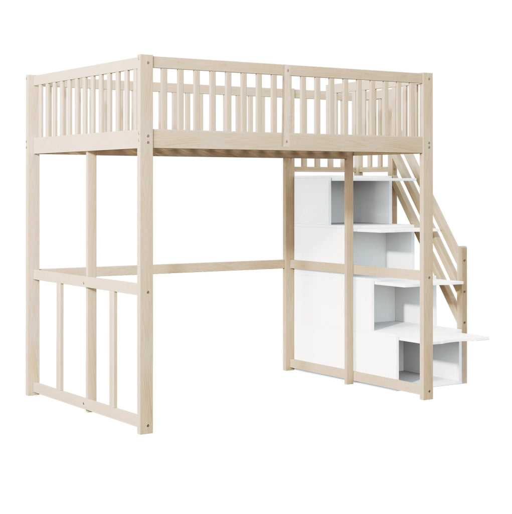 Letto a soppalco 140x200 cm in legno di pino naturale con scala contenitore e sponde di sicurezza
