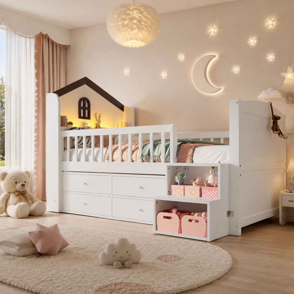 DESMIU Letto per bambini rialzato 1 posto con 4 cassetti, LED regolabile e scala con ripiani, 90 × 200 cm, senza materasso