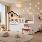 DESMIU Letto per bambini rialzato 1 posto con 4 cassetti, LED regolabile e scala con ripiani, 90 × 200 cm, senza materasso