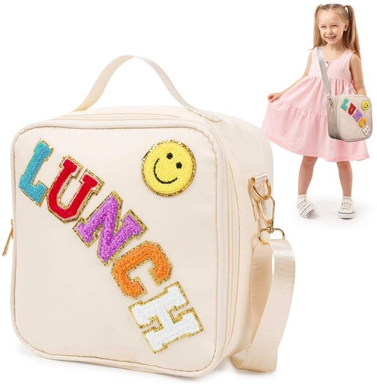 Tas termica per bambini, borsa di pranzo per bambini, borsa di pranzo con rivestimento in pellicola termica, borsa di pranzo isolata con cinturino regolabile per spalle per scuola, lavoro, picnic, campeggio (beige)