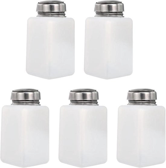 Set di 5 pezzi, 6 oz/180 ml, alcol, pompa a bottone, bianco - Flacone riutilizzabile con pressa - Ideale per casa, cucina o salone di bellezza - Contenitore riciclabile