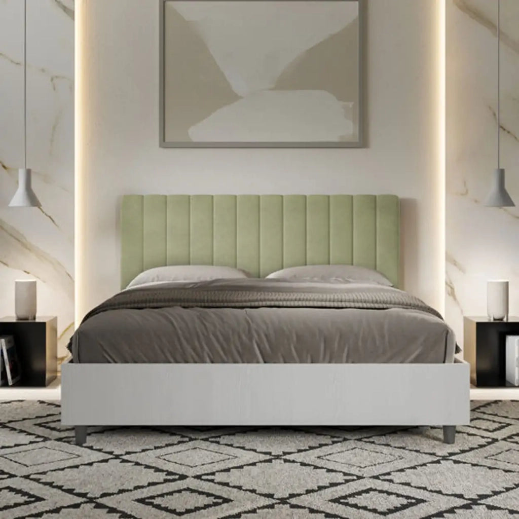 Letto matrimoniale con rete 160x200 bianco frassino testata microfibra tè verde Kaia