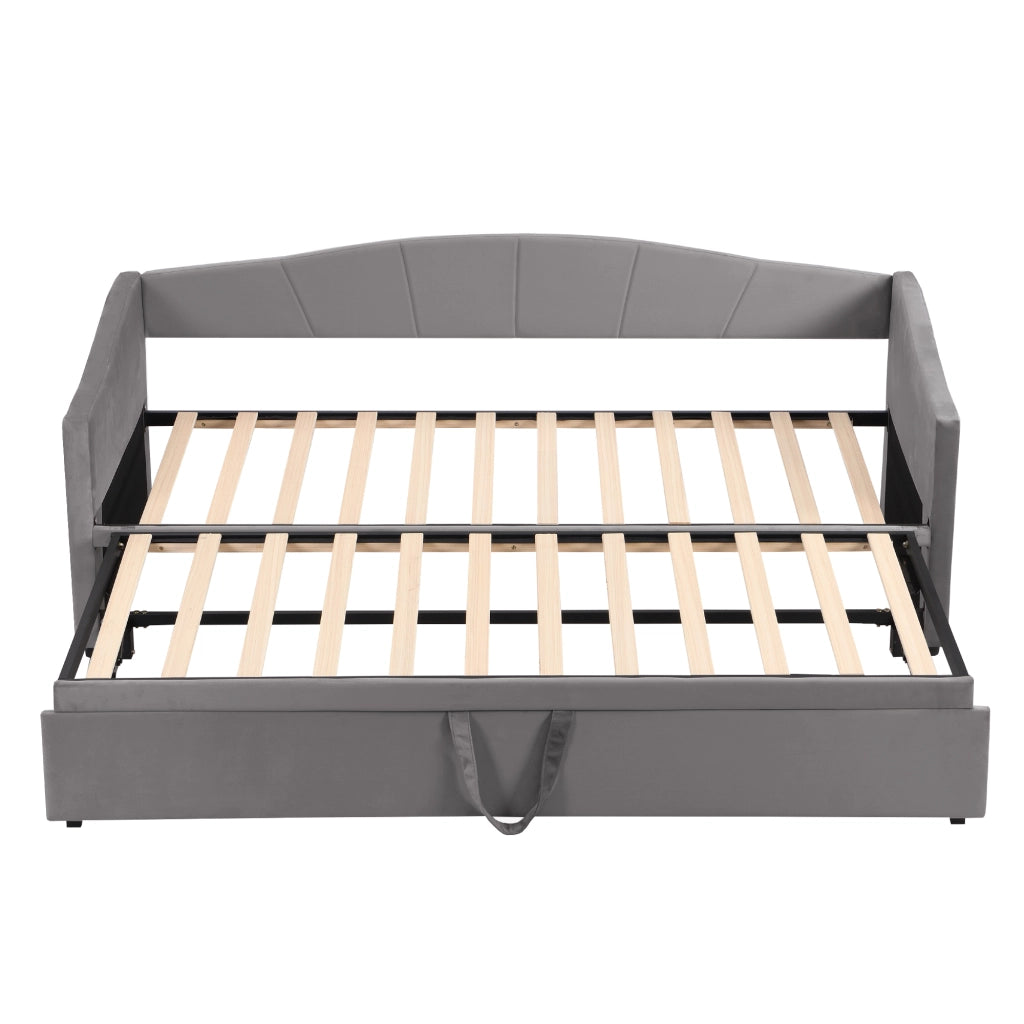 Letto estraibile in velluto - Zephmum-90x200 cm-Grigio-Struttura in doghe