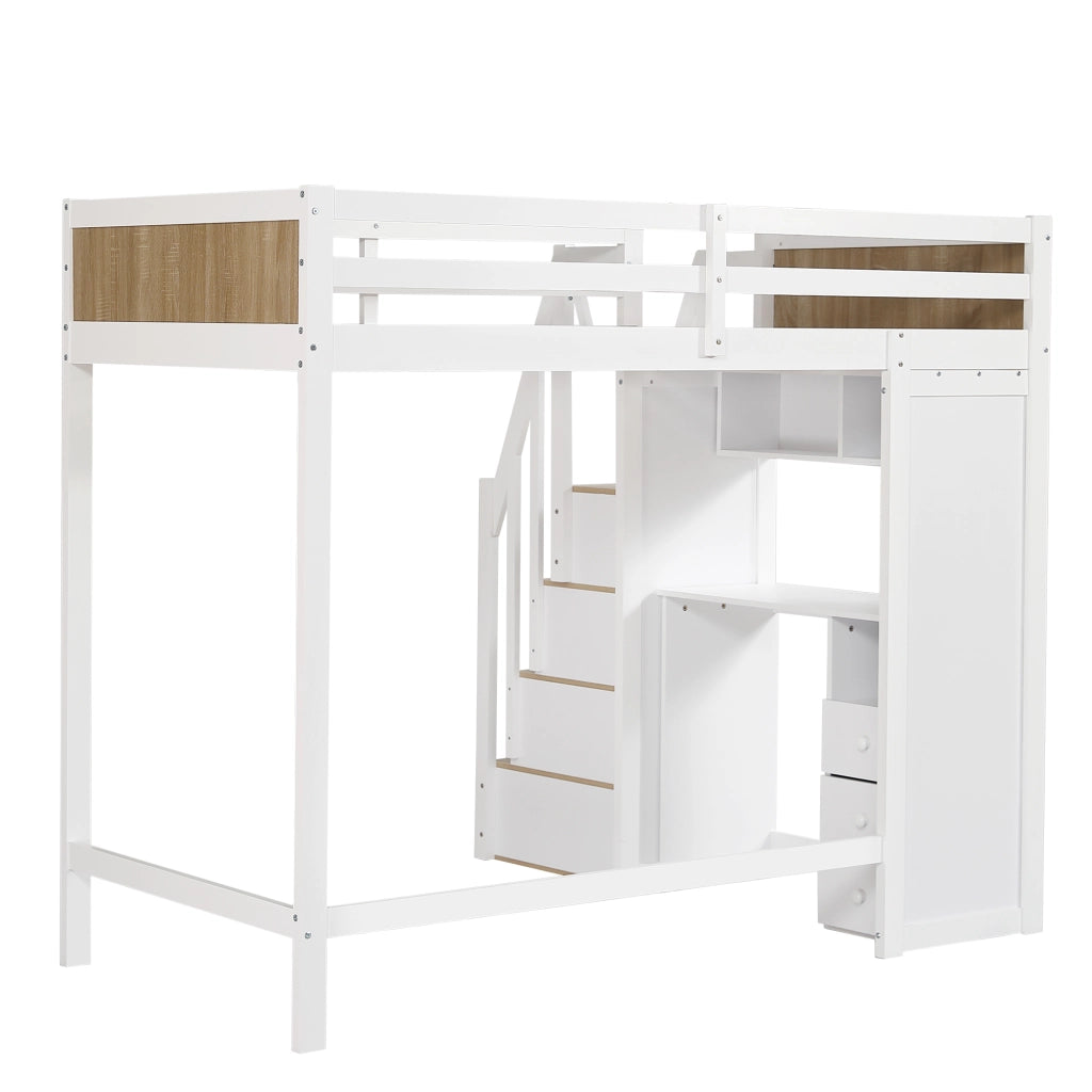 Letto a Castello 90x200 cm con Scrivania; 3 Cassetti; Scala Contenitore e Libreria