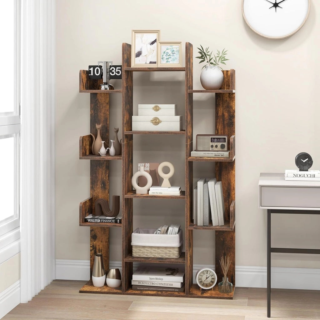 Libreria in legno con 13 ripiani aperti, libreria a forma di albero con kit antiribaltamento, 86 x 24,5 x 141 cm, mobile organizer per soggiorno, studio, ufficio (marrone)