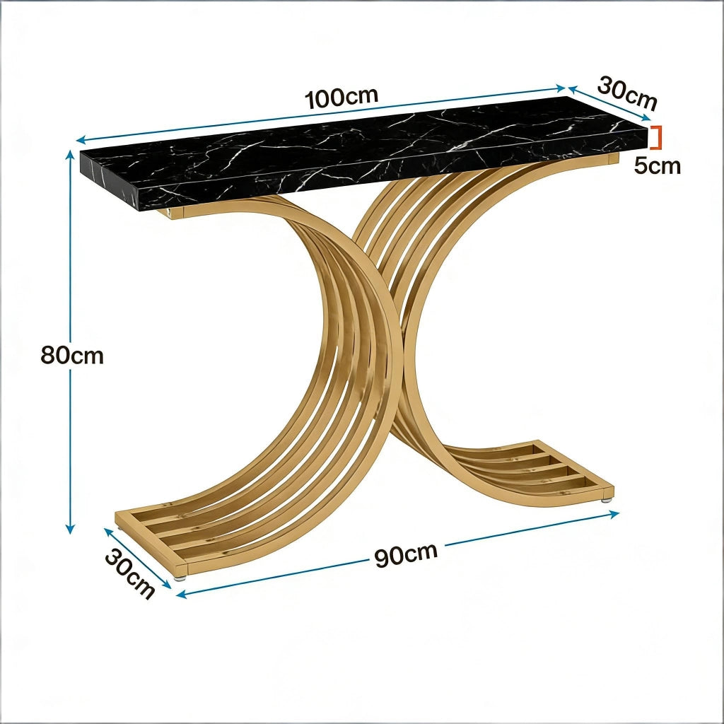 Consolle con piano effetto marmo e struttura metallica - per ingresso - 100x30x80 cm - nero e oro