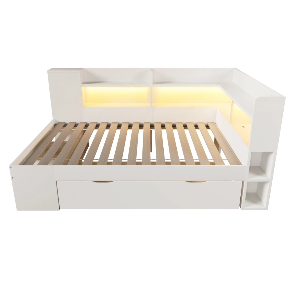 Divano letto 90x200 cm bianco con LED; USB e Type-C; ripiani e cassetti in legno
