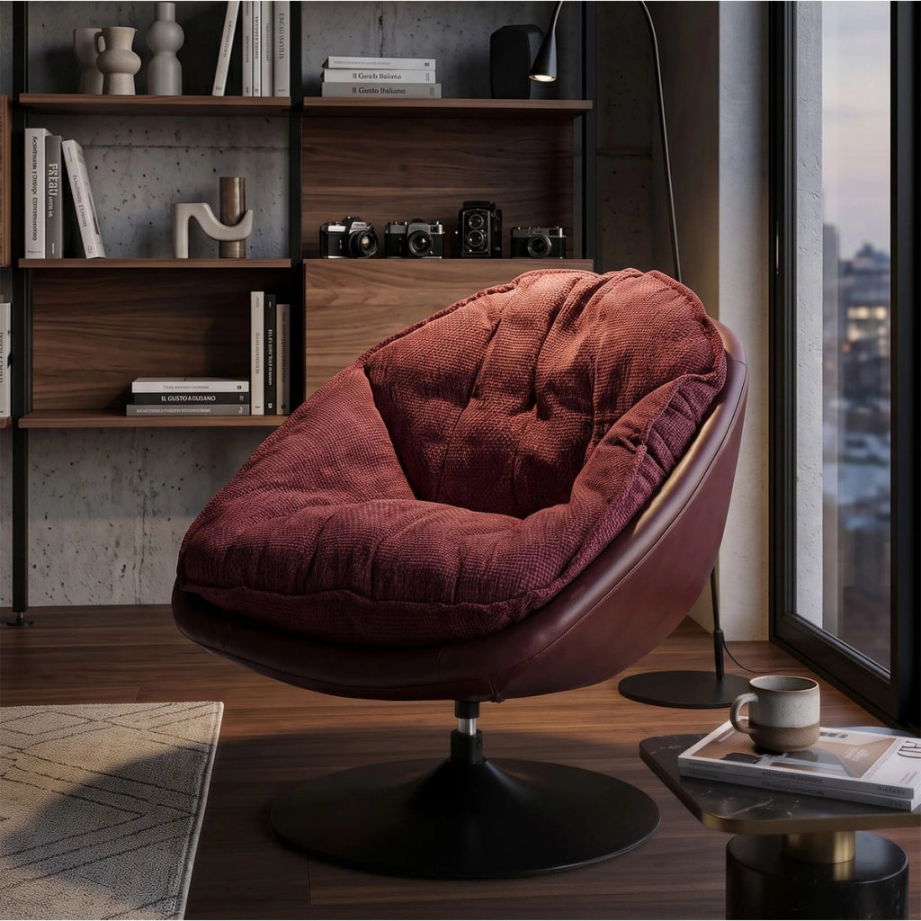 Poltrona girevole bordeaux con base in ferro nero