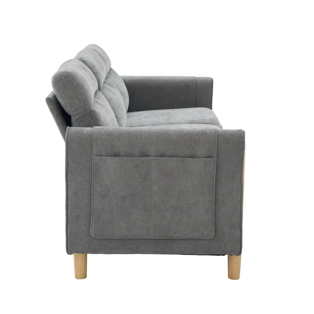 Divano angolare 3 posti 201x77x86 cm con contenitore e tasche laterali in ciniglia grigio chiaro