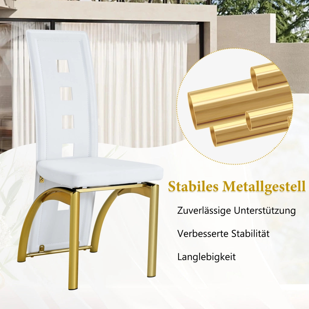 Sedia da sala da pranzo set 2 in pelle PU con schienale traforato e gambe in metallo bianco e oro per soggiorno moderno