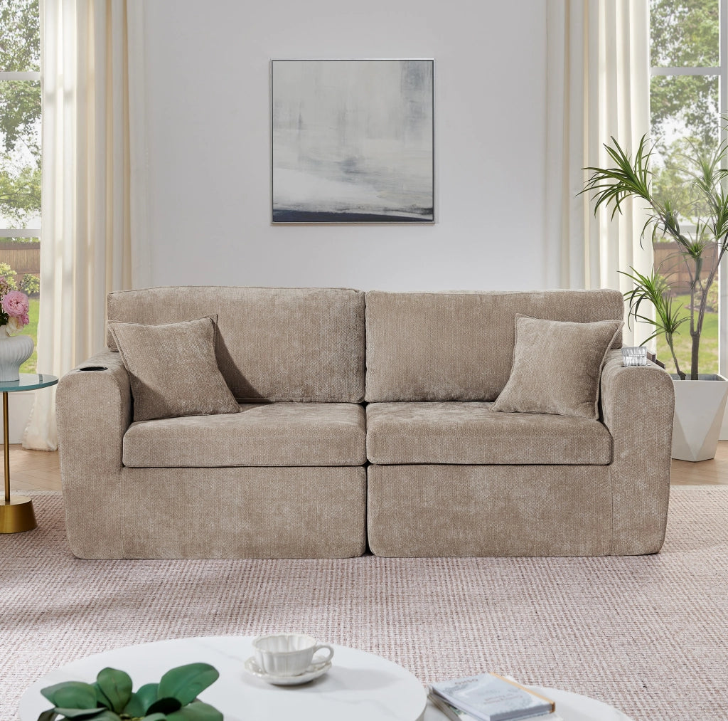 Divano 2 posti in ciniglia con tasche laterali; USB e portabicchiere; 220 x 100 x 89 cm; marrone