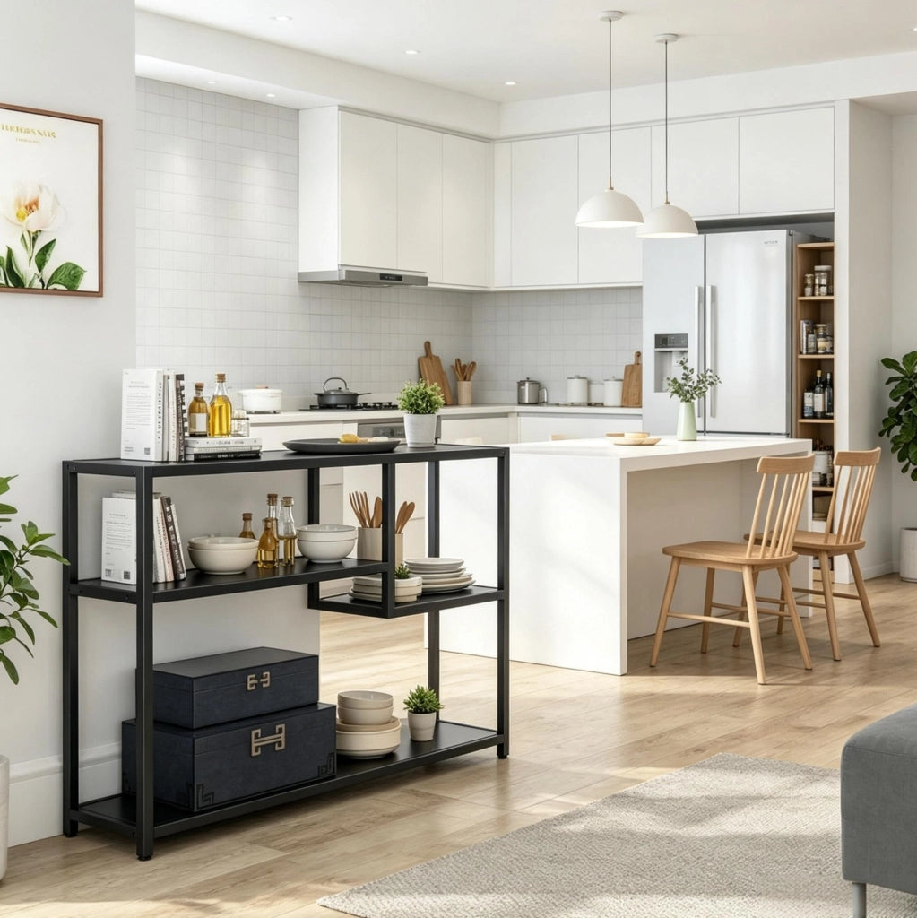 TAVOLO CONSOLLE 110x30x85 cm 4 Ripiani Nero Metallo e Legno