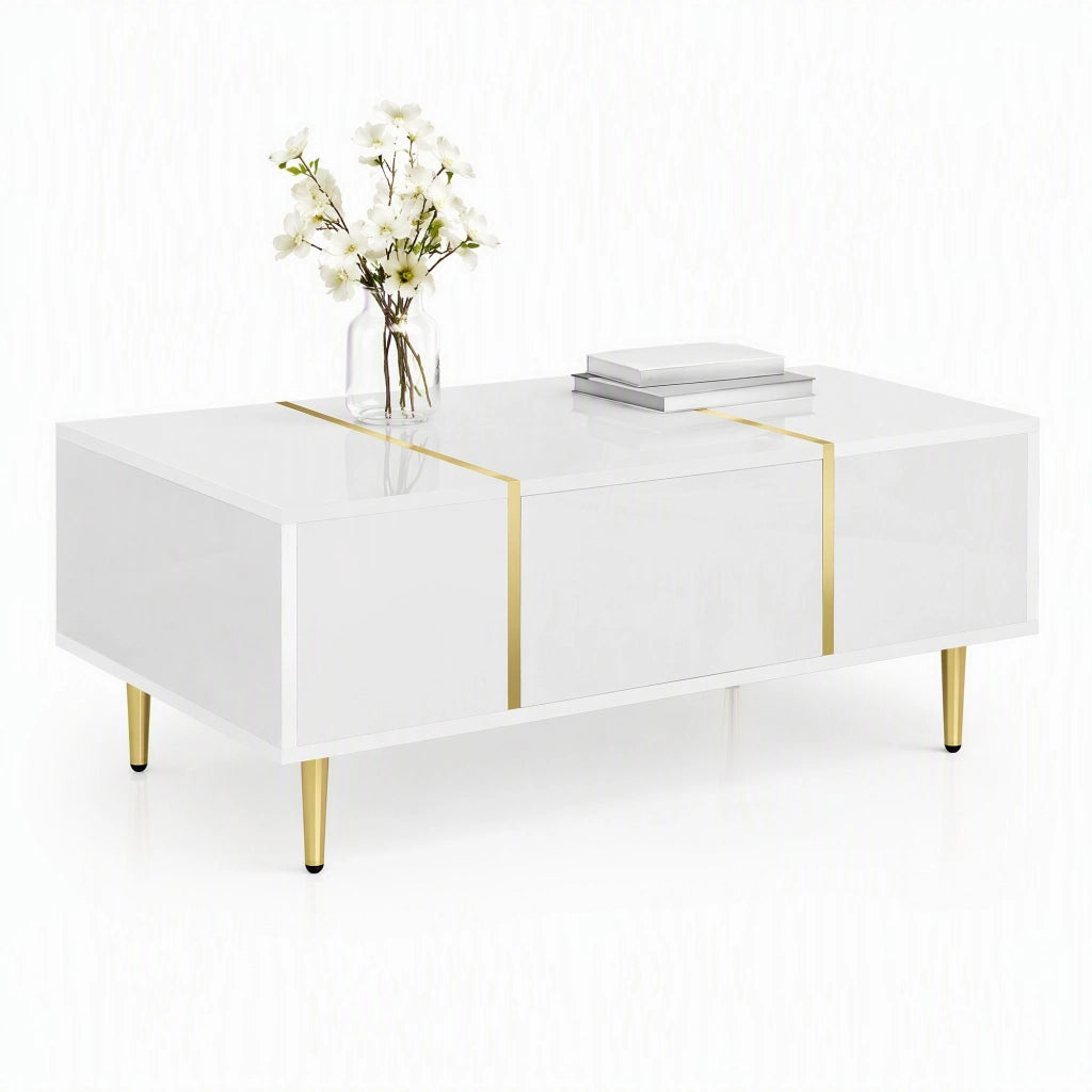 Tavolino da caff¨¨ bianco lucido con 2 cassetti, design moderno in MDF
