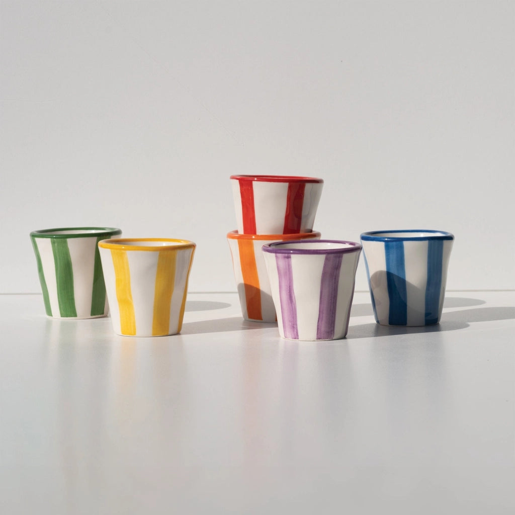 Zafferano Set 6 Bicchierini Collezione Lido Righe in ceramica artigianale made in Italy colori assortiti per caffè e dessert eleganti e vivaci