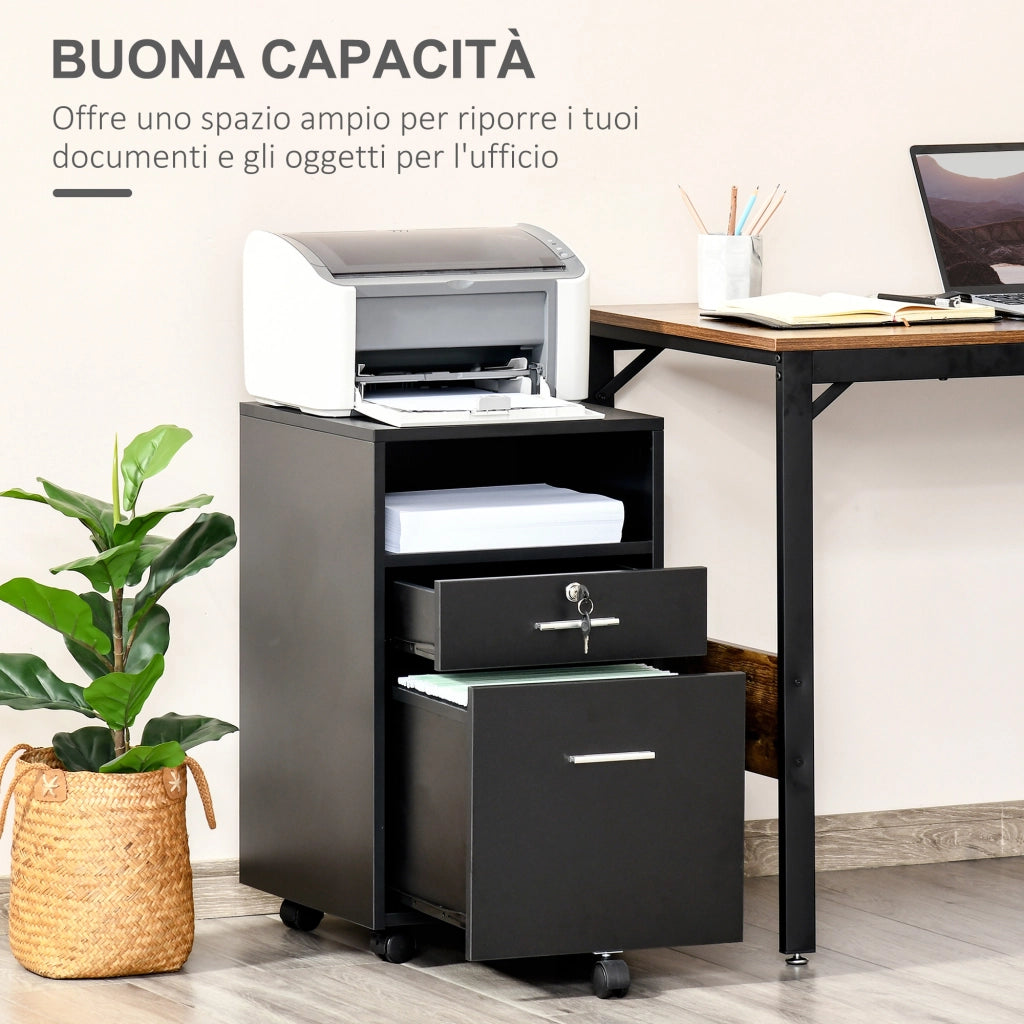 Cassettiera Portadocumenti a 4 Ruote 39x40x65 cm Cassettiera con Serratura in Truciolato Nero