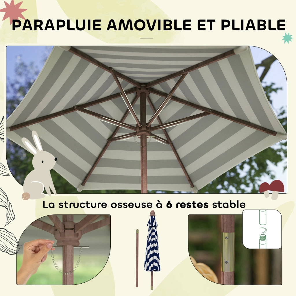 Set Tavolo e Panche da Giardino per Bambini in Legno di Abete con Ombrellone 120 cm e Cuscini a Righe Bianco e Blu Navy Robusto