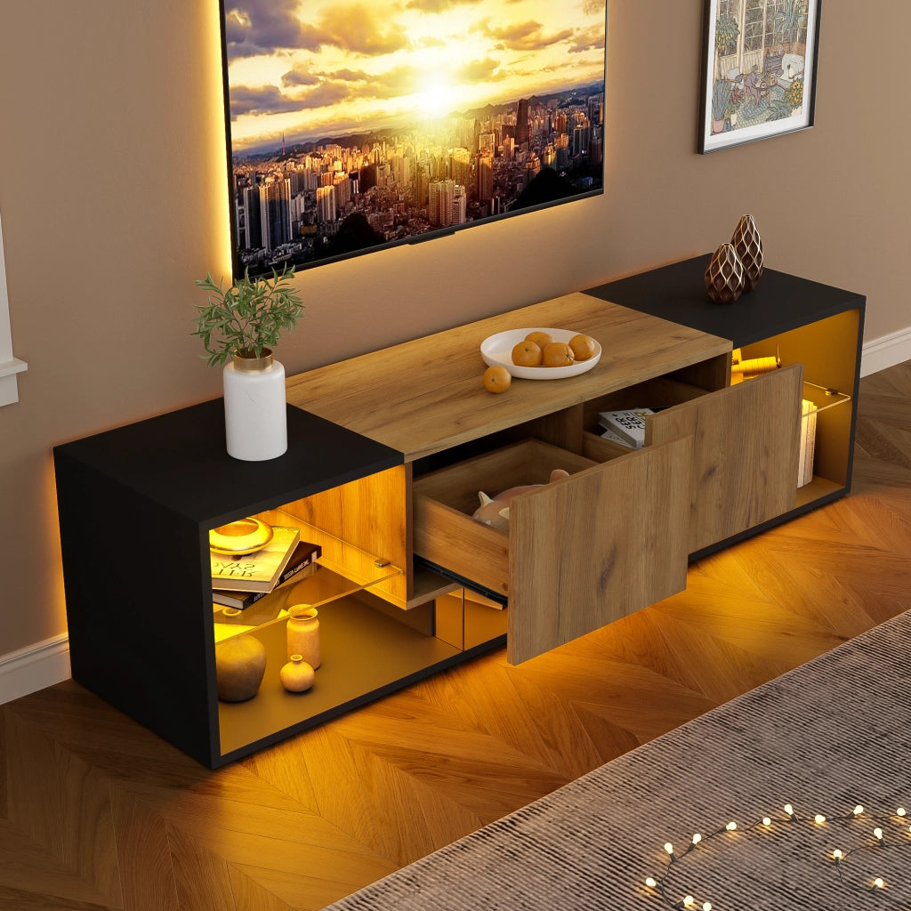 Mobile porta TV con LED e 2 cassetti, 5 vani aperti, per soggiorno, in truciolare, nero e naturale, 160 × 40 × 42 cm