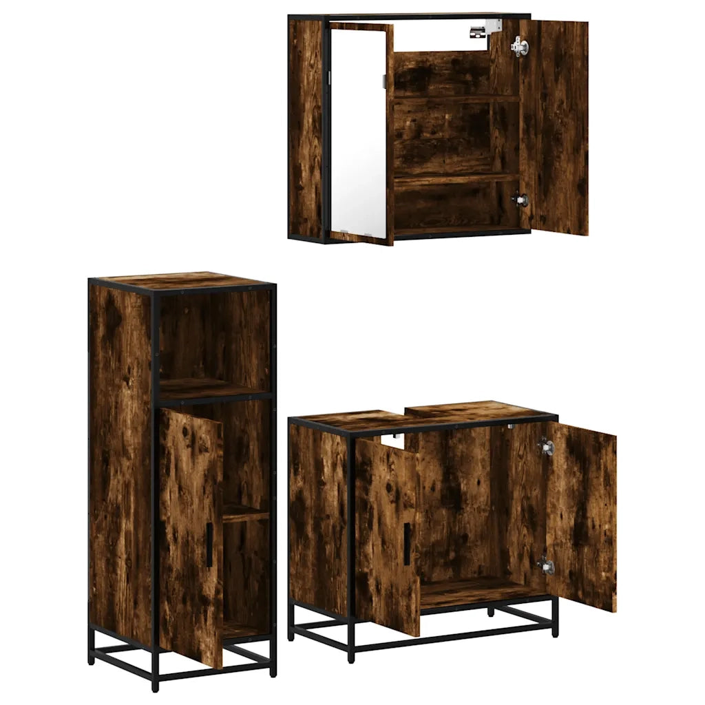 Set Mobili da Bagno 3 pz Rovere Fumo in Legno Multistrato