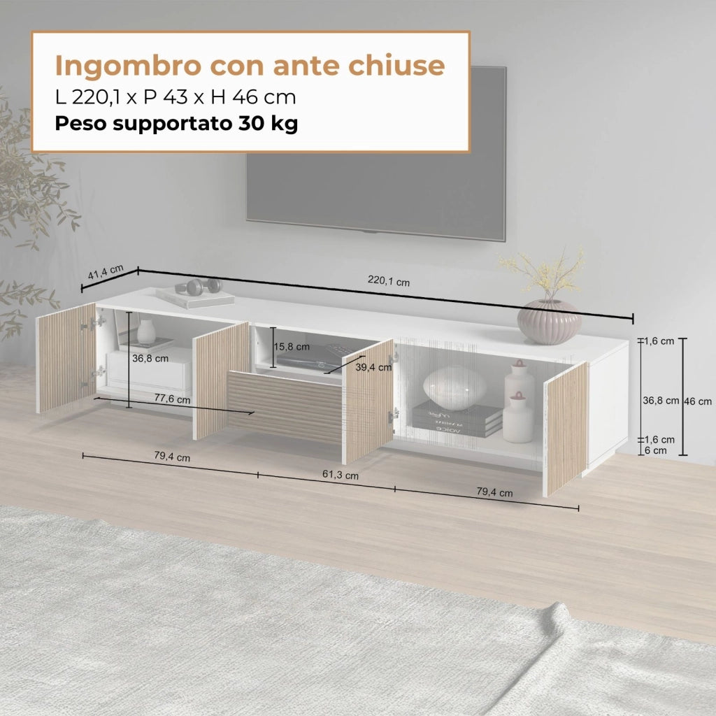 WHOUS Mobile porta tv Coste a 4 ante 1 cassetto e 1 vano bianco/legno chiaro 220,1x43x46 cm