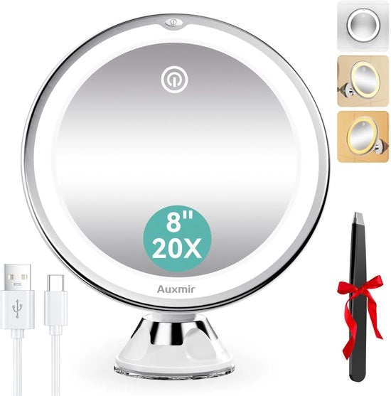 Specchio da trucco 20x con illuminazione, caricabile, 3 colori, 20x ingrandimento, manico rotante 360°, 20 cm, per uso domestico, viaggio, bagno