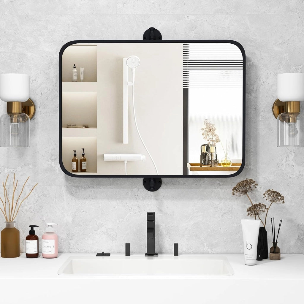 Specchio Rettangolare da Parete 76,5 x 66,5 cm, Specchio da Bagno con Cornice in Metallo, con Staffe da Parete in Stile Rustico, Ideale per Bagno Soggiorno Ingresso, IP44