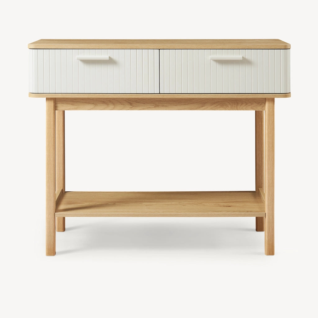 Tavolo a Consolle Ferrersp con 2 Cassetti e Ripiano 100 x 40 x 80 cm - Effetto Rovere / Avena Oatmeal [en.casa]