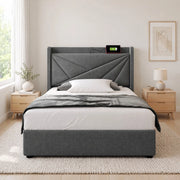 Letto singolo con contenitore 90x200 cm in cotone e lino grigio; con USB e USB-C