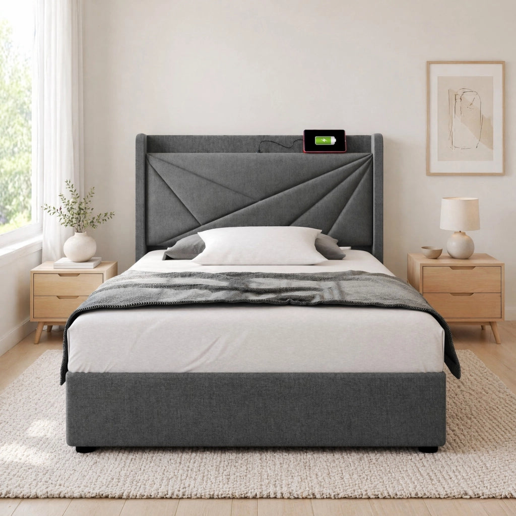 Letto singolo con contenitore 90x200 cm in cotone e lino grigio; con USB e USB-C